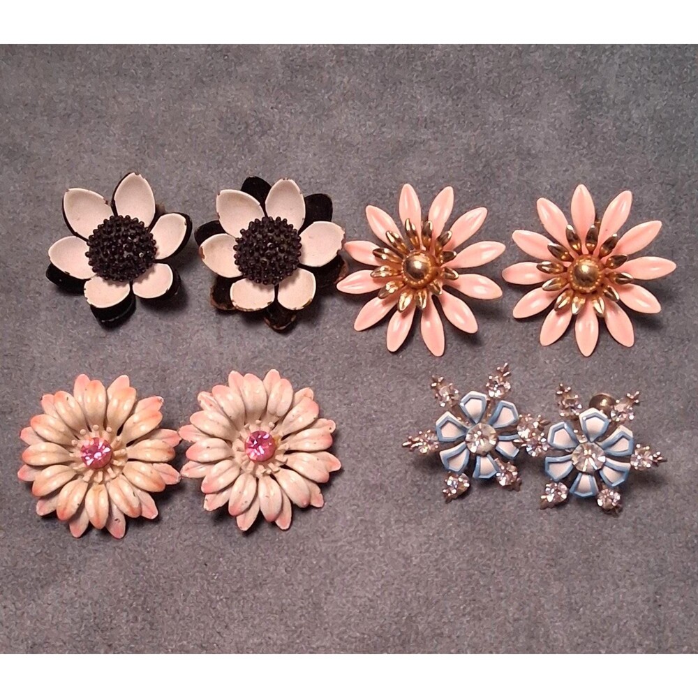 Vintage Enamel Flower Earrings Set (4) Sarah Coventry Rhinestones